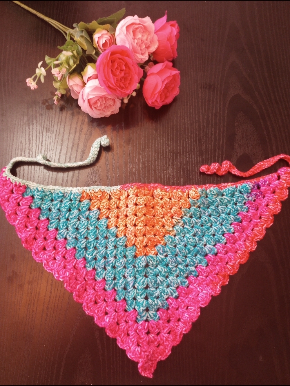 Crochet Multicolor Ombre Bandana Scarf Pink Teal Green Orange Summer Beach
